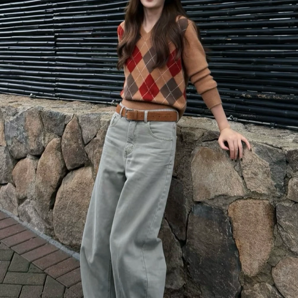 毛衣女秋冬学院风慵懒风高级感女装长袖羊毛针织衫菱格菱形