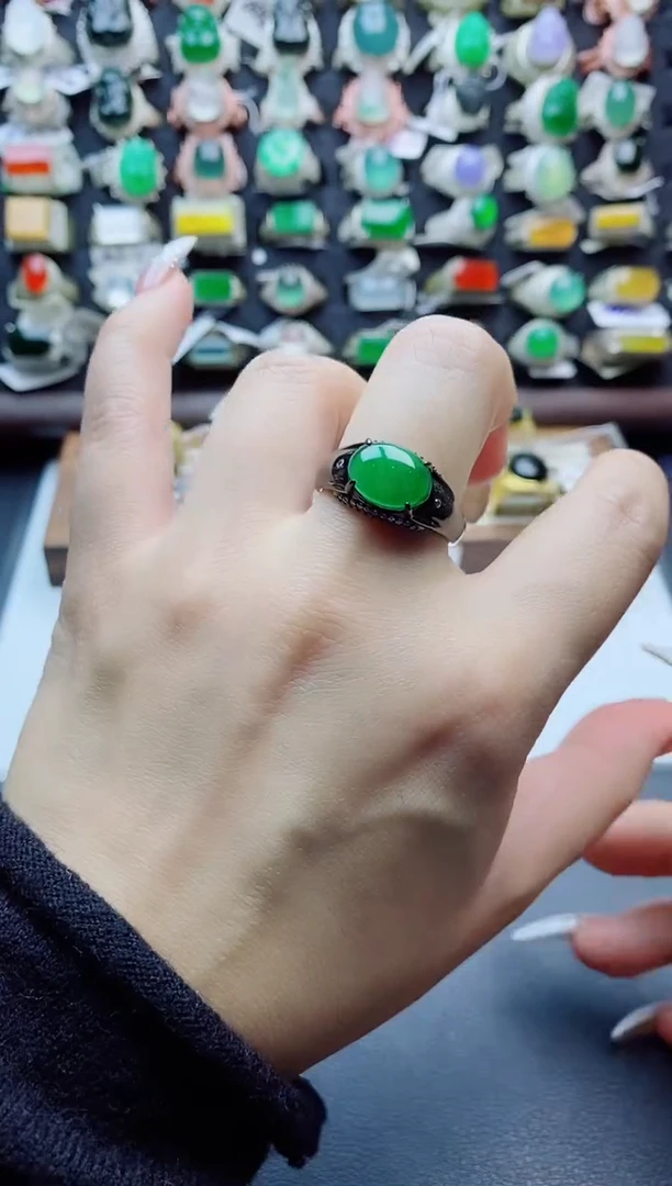 银S925镶嵌戒指翡翠天然翡翠A货男戒