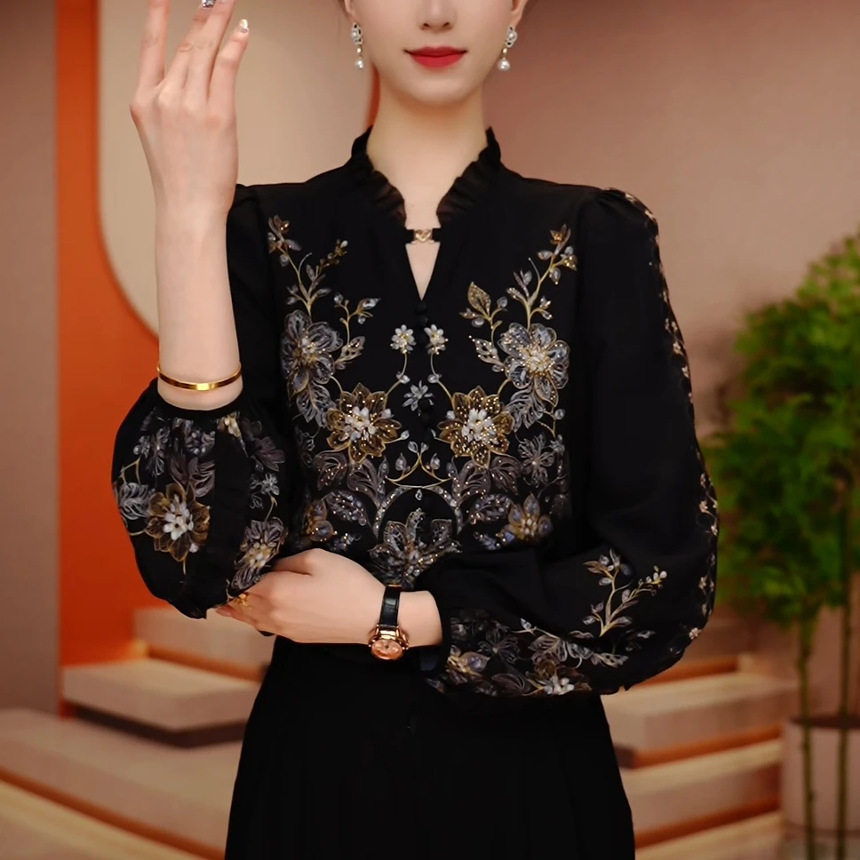 Y246209-深圳南油时尚春季新款长袖百搭宽松显瘦上衣女国风印花