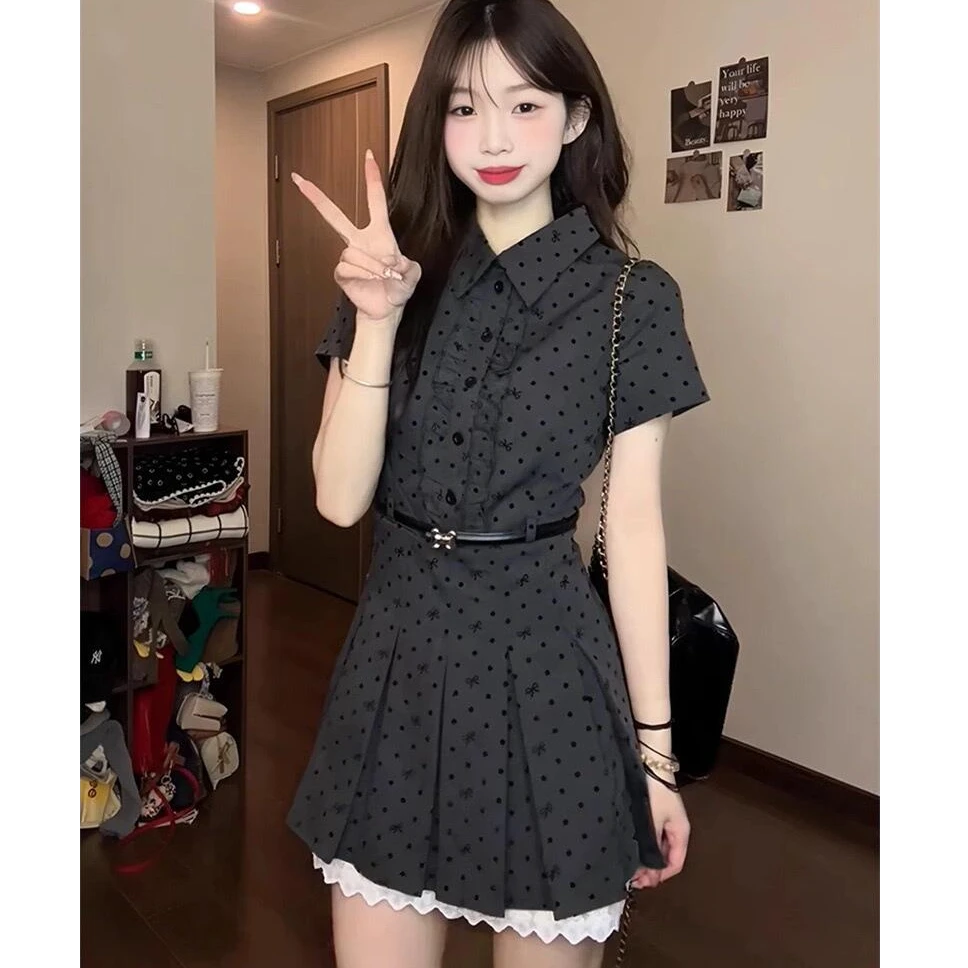 韩系复古假两件波点短袖连衣裙女春季学院风穿搭收腰显瘦a字短裙