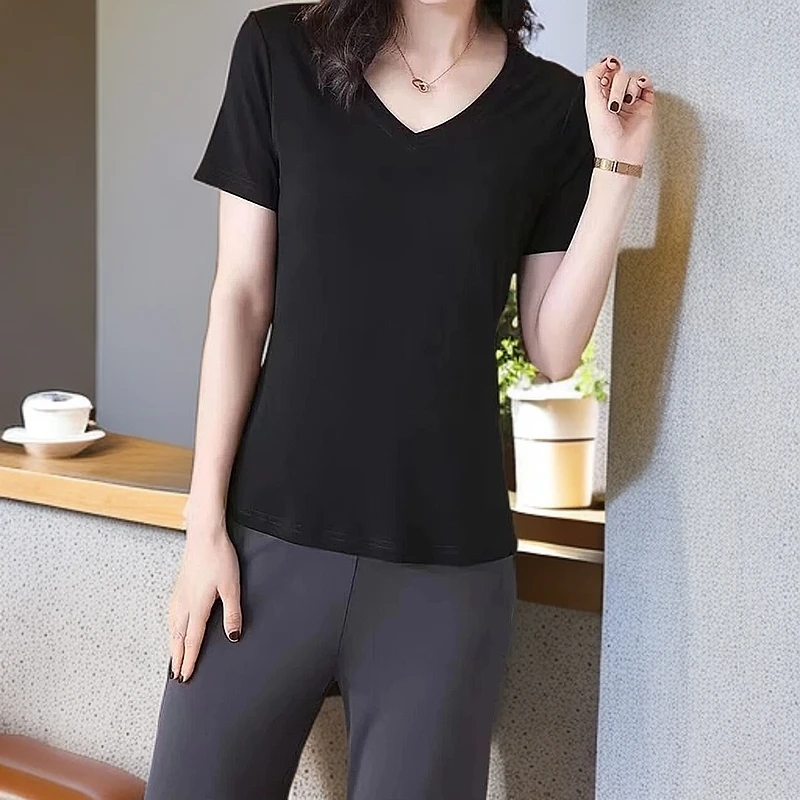 夏季亲肤透气加捻100%桑蚕丝短袖T恤黑色显瘦V字领时尚百搭休闲