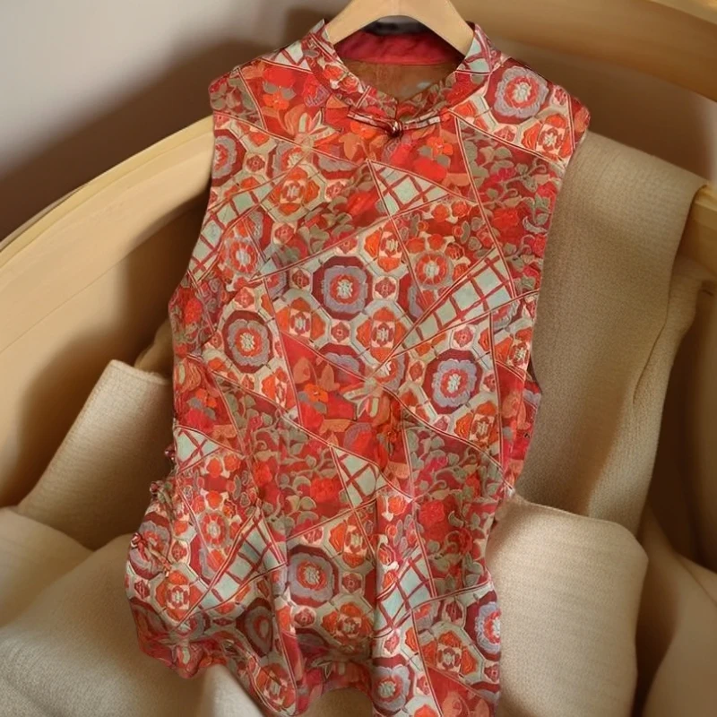 新中式重磅花萝缎国风中长款万花筒奥黛无袖上衣小衫2025新款正品