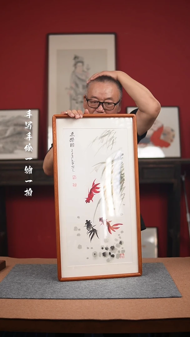 国画手绘-36*69实木框花鸟