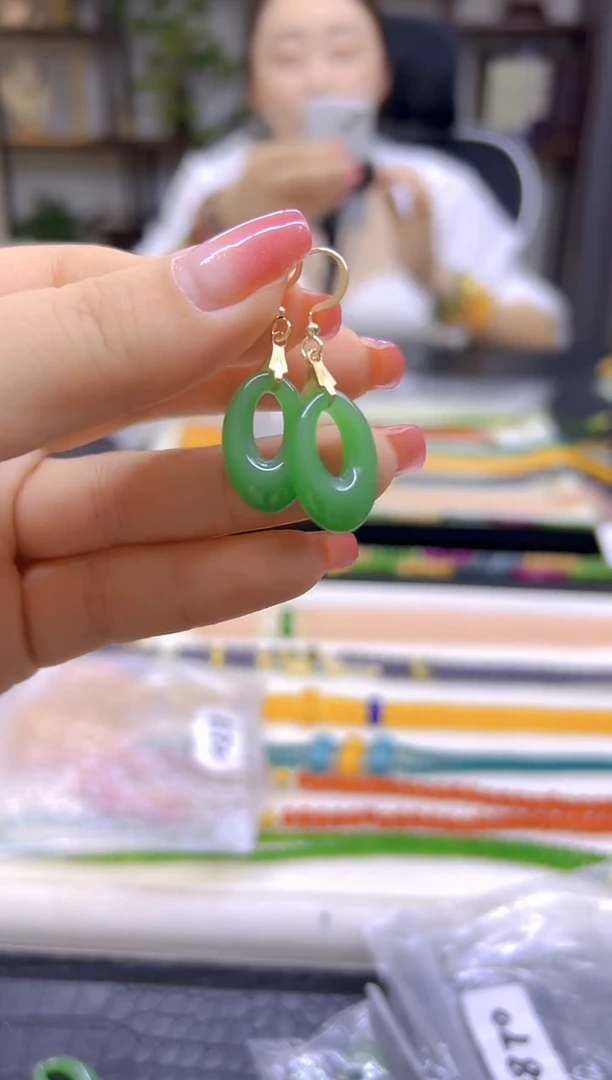 14K金镶嵌和田玉（碧玉）耳饰DIY款E870