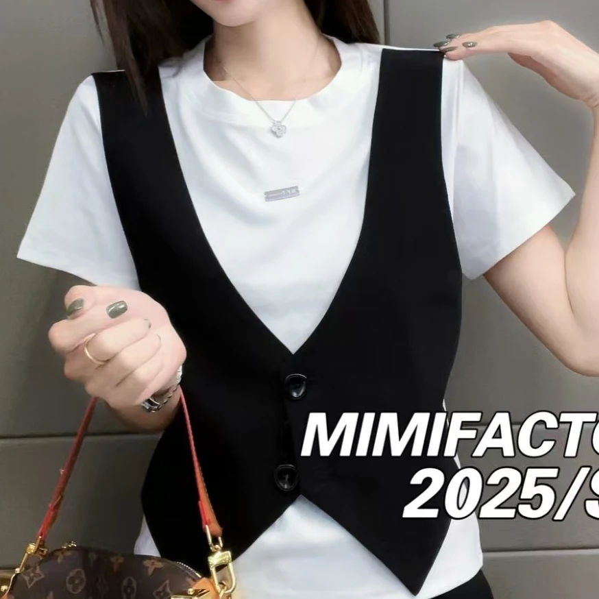 2025夏季新款 重工假两件设计短袖T恤女修身显瘦上衣