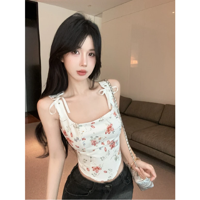 性感法式碎花绑带收腰短款背心吊带夏季甜辣露背修身显瘦束腰上衣