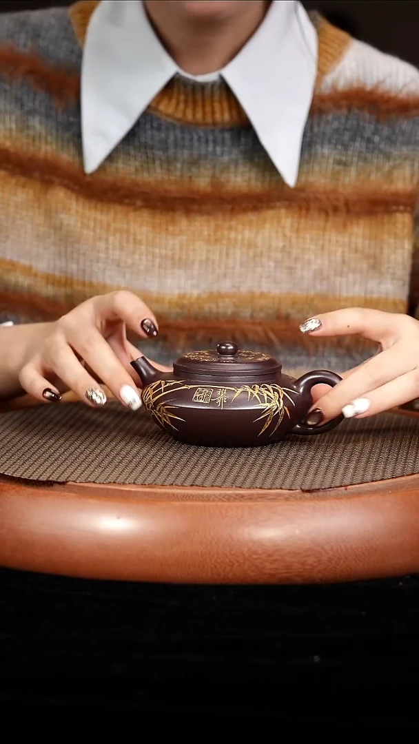 茶壶紫砂BW40丁雪英扁腹壶老紫泥260cc