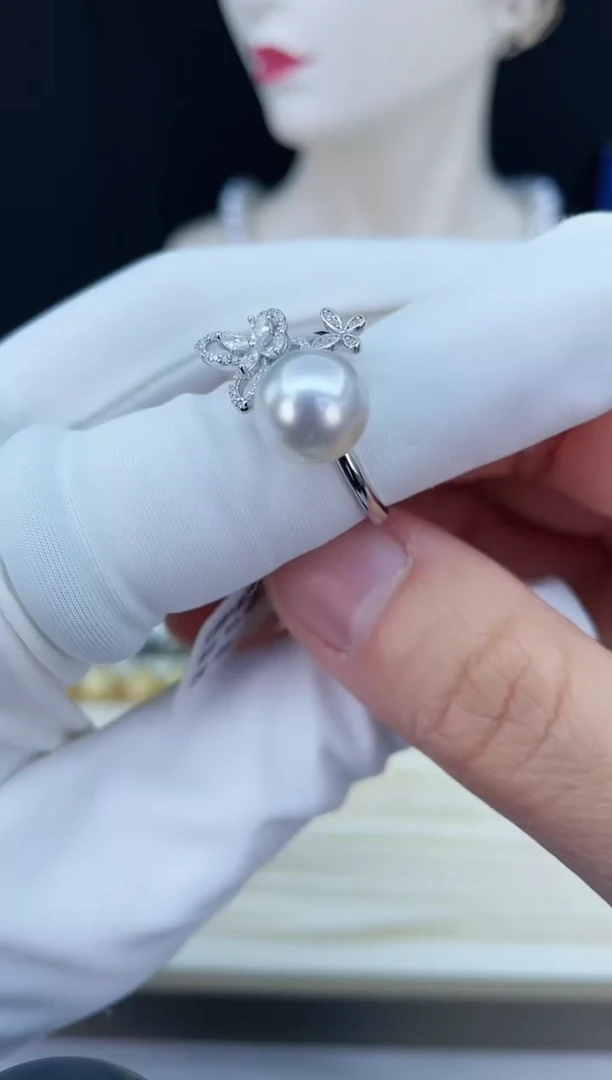 【闪购商品】海水珍珠戒指银S925镶嵌海水澳白珍珠戒指9-10mm