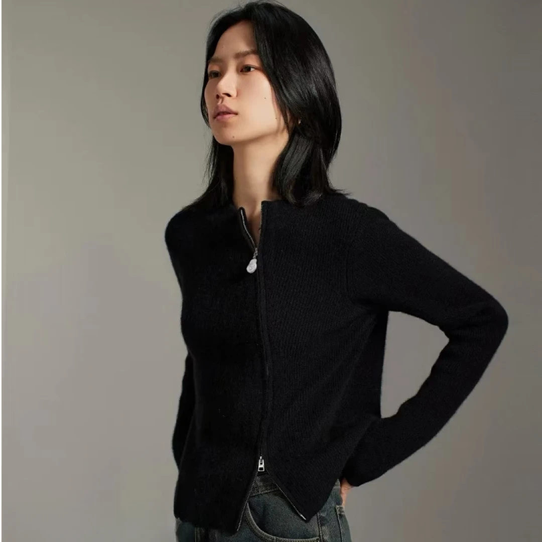 【羊毛】巴洛克珍珠斜拉链纯色针织开衫女宽松毛衣