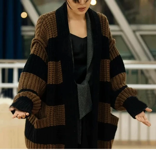 新款中长款慵懒风格纹针织毛衣开衫MY34769