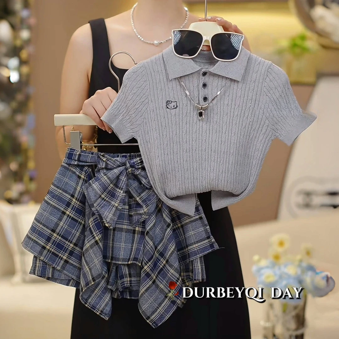 女童韩版夏季短袖套装0425新款洋气女孩宝宝时髦格子格子裙两件套