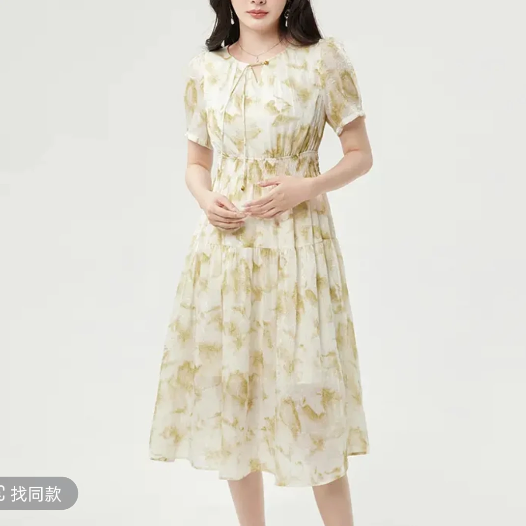 T1840优雅夏季印花中长款中腰法式连衣裙复古高腰轻职风B1