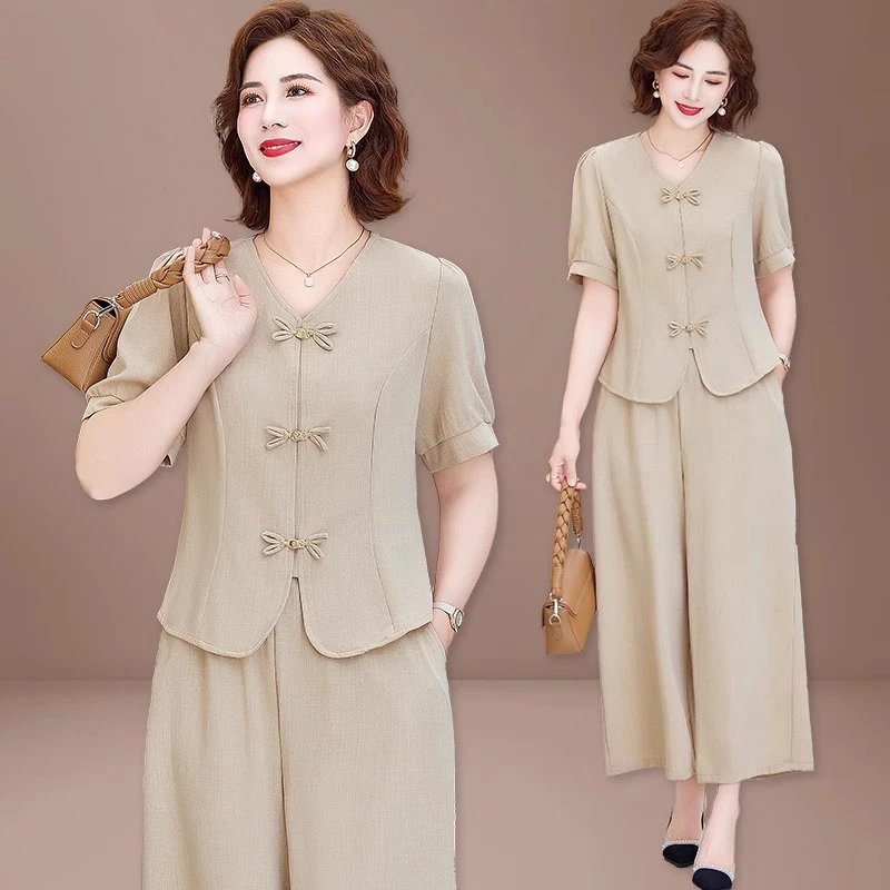 妈妈夏装2025新款套装洋气中老年女夏季短袖t恤两件套新中式上衣