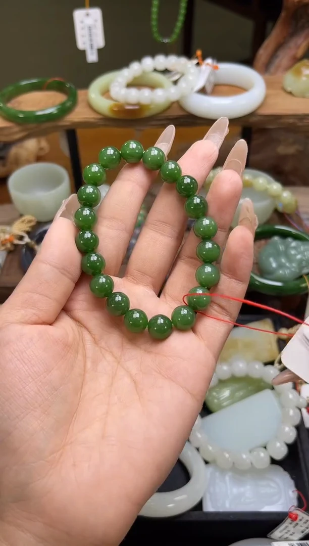未镶嵌手串和田玉潘*卡10俄七碧玉 圆珠