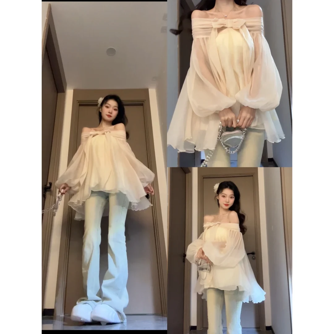 Seven七分糖法式纯欲甜辣妹风蝴蝶结雪纺皱露背一字肩长袖上衣女