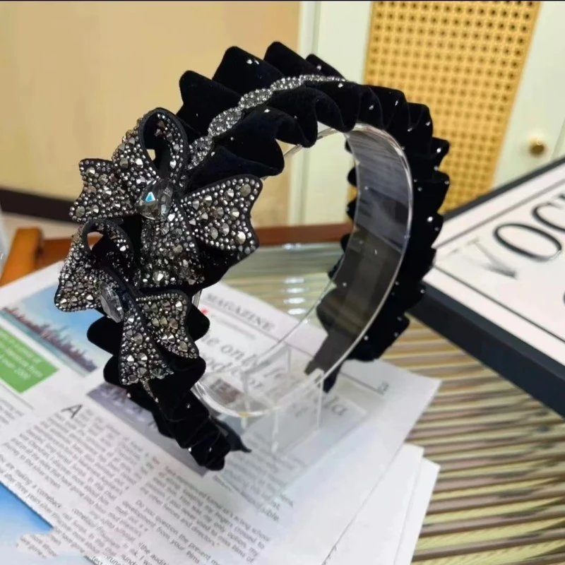 2025早秋新款轻奢发箍黑色蝴蝶结丽人时尚头箍褶皱气质发卡