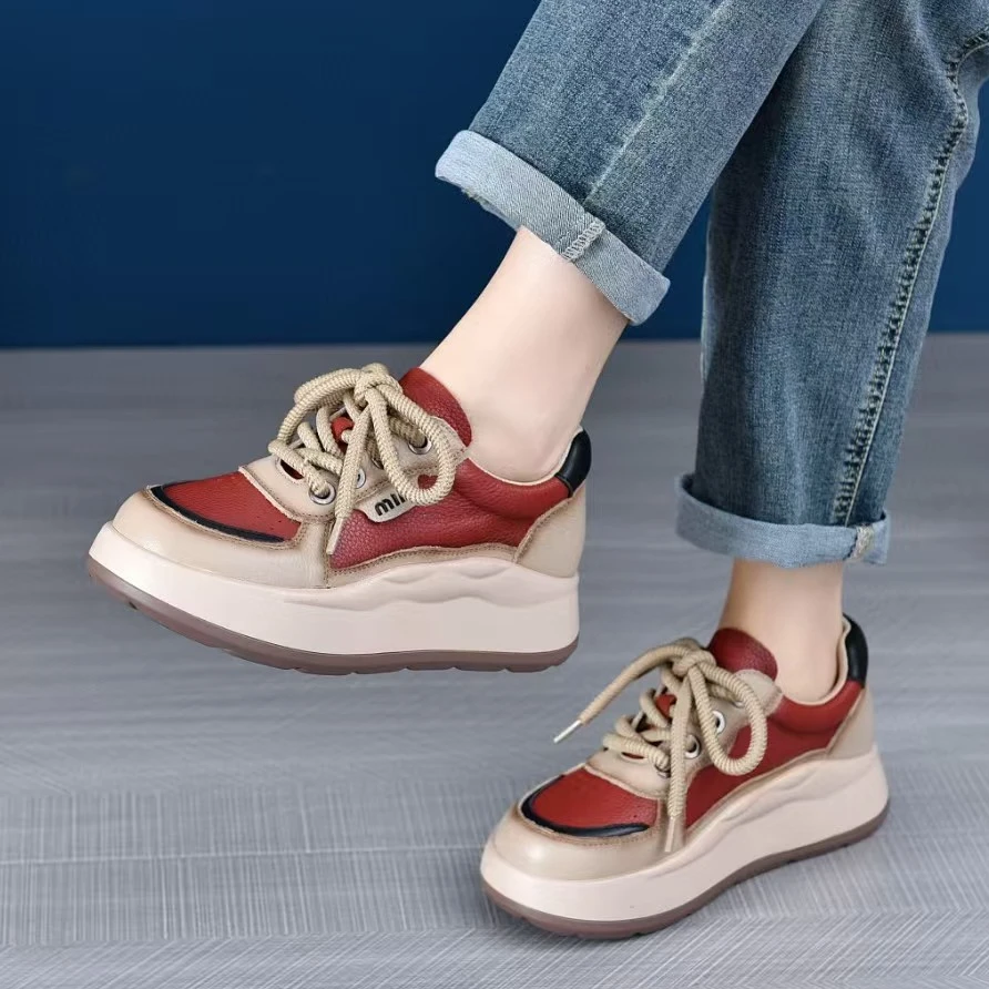 5817祥春季新款牛皮厚底复古拼色百搭单款女鞋平底透气运动休闲鞋