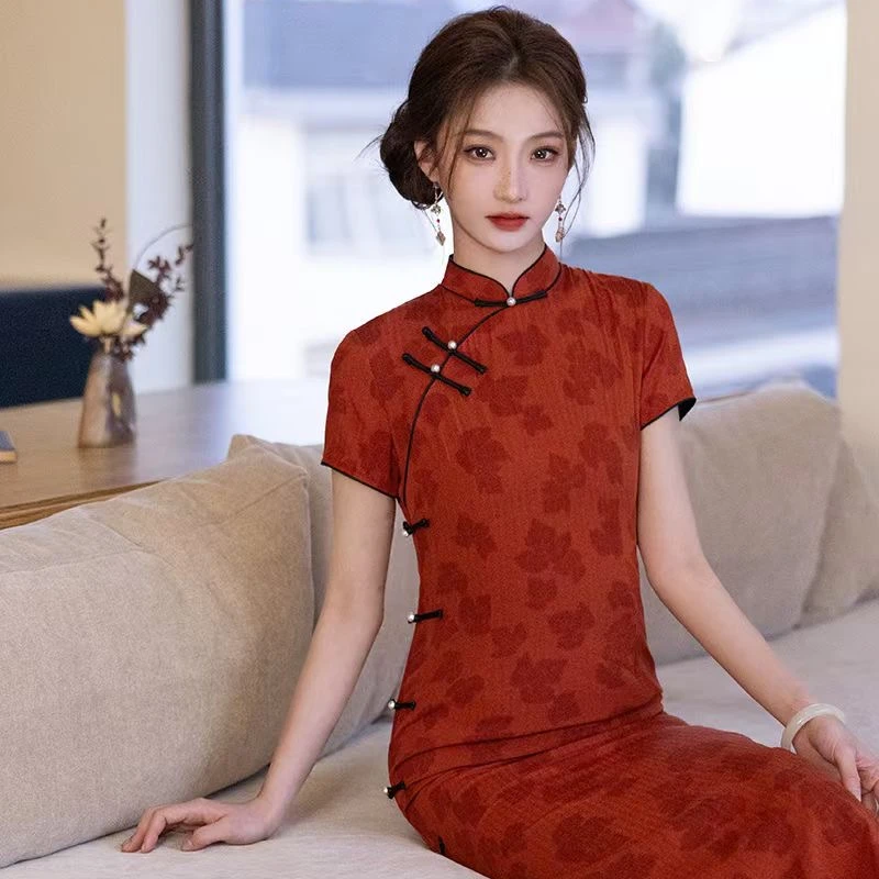 【风清余】2025春夏新款天舒提花气质时尚日常短袖修身内里双层旗袍