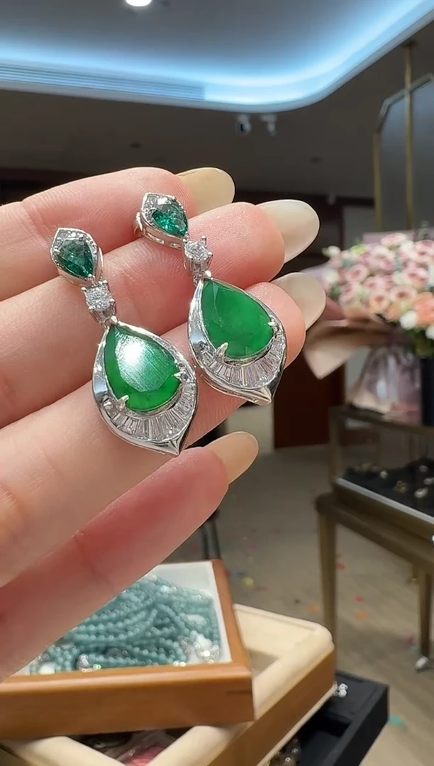 银S925镶嵌翡翠耳饰银镶