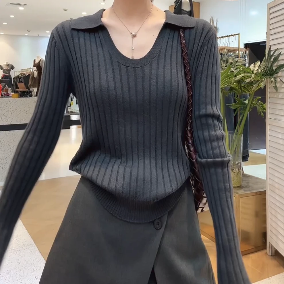 复古高级感时尚纯色2025翻领U领慵懒松弛长袖针织衫女C5949