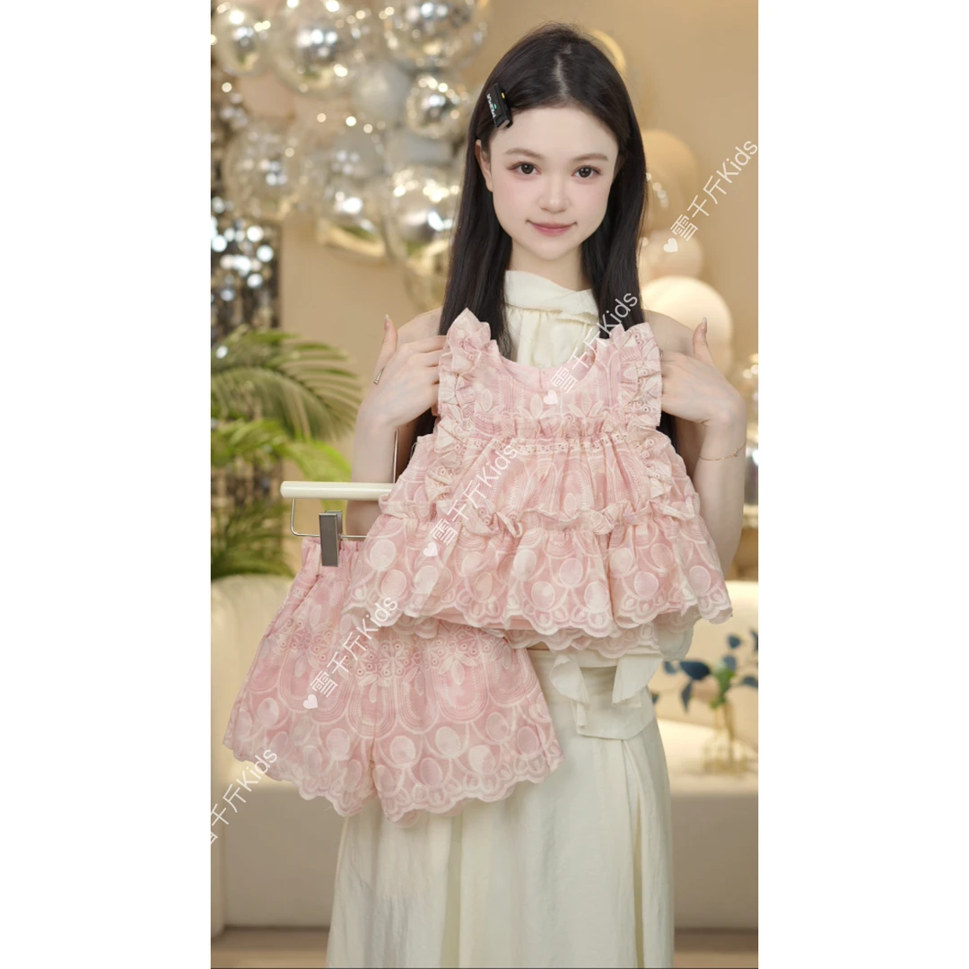 【MM】2025夏季新款女童原创设计蕾丝短袖小衫+短裤两件套