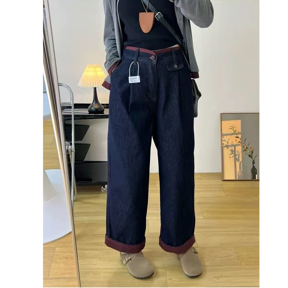 撞色拼接松紧腰棉质牛仔裤2025春季新款女百搭显瘦哈伦裤