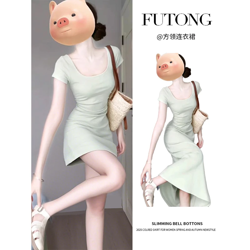 薄荷连衣裙女夏季多巴胺小裙掐腰长裙温柔显瘦连衣裙夏天连衣裙