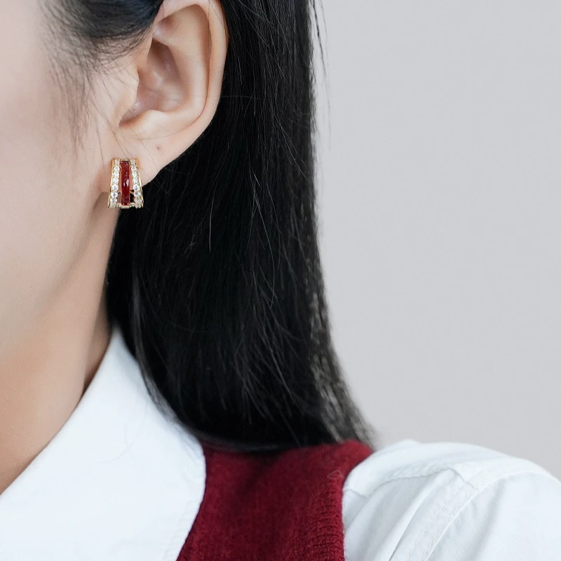 铜合金耳饰 925银三圈红色耳环复古新年耳环女小众耳圈新年礼物