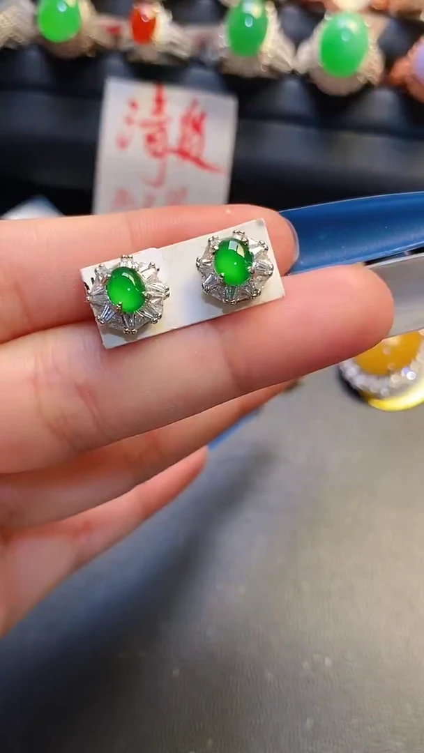 银S925镶嵌翡翠耳饰天然