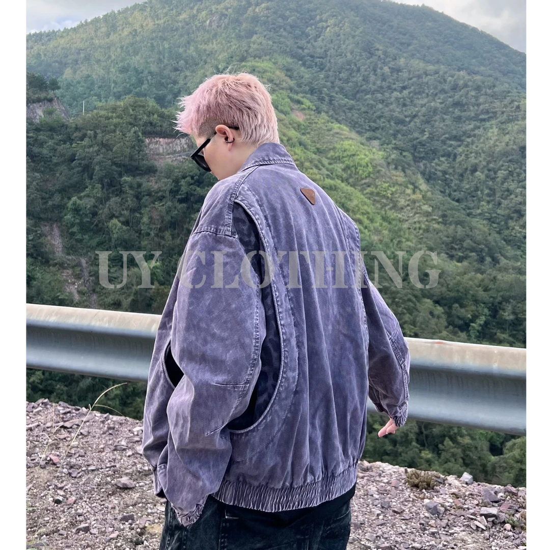 UY-美式复古做旧解构豹纹迷彩拼接休闲夹克重磅廓形短款外套897