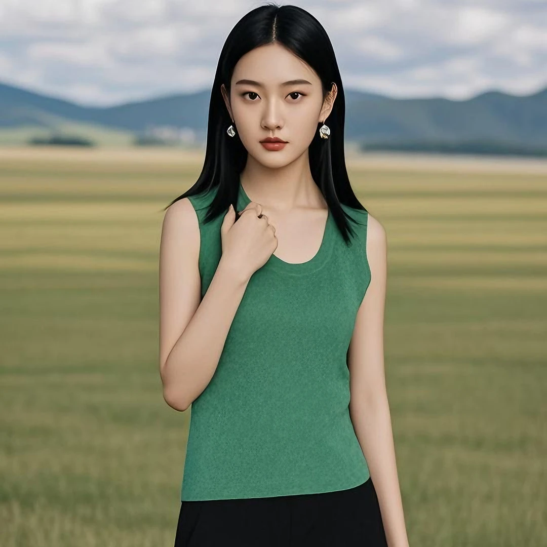 夏季桑蚕丝羊绒打底吊带背心纯色U型无袖针织背心