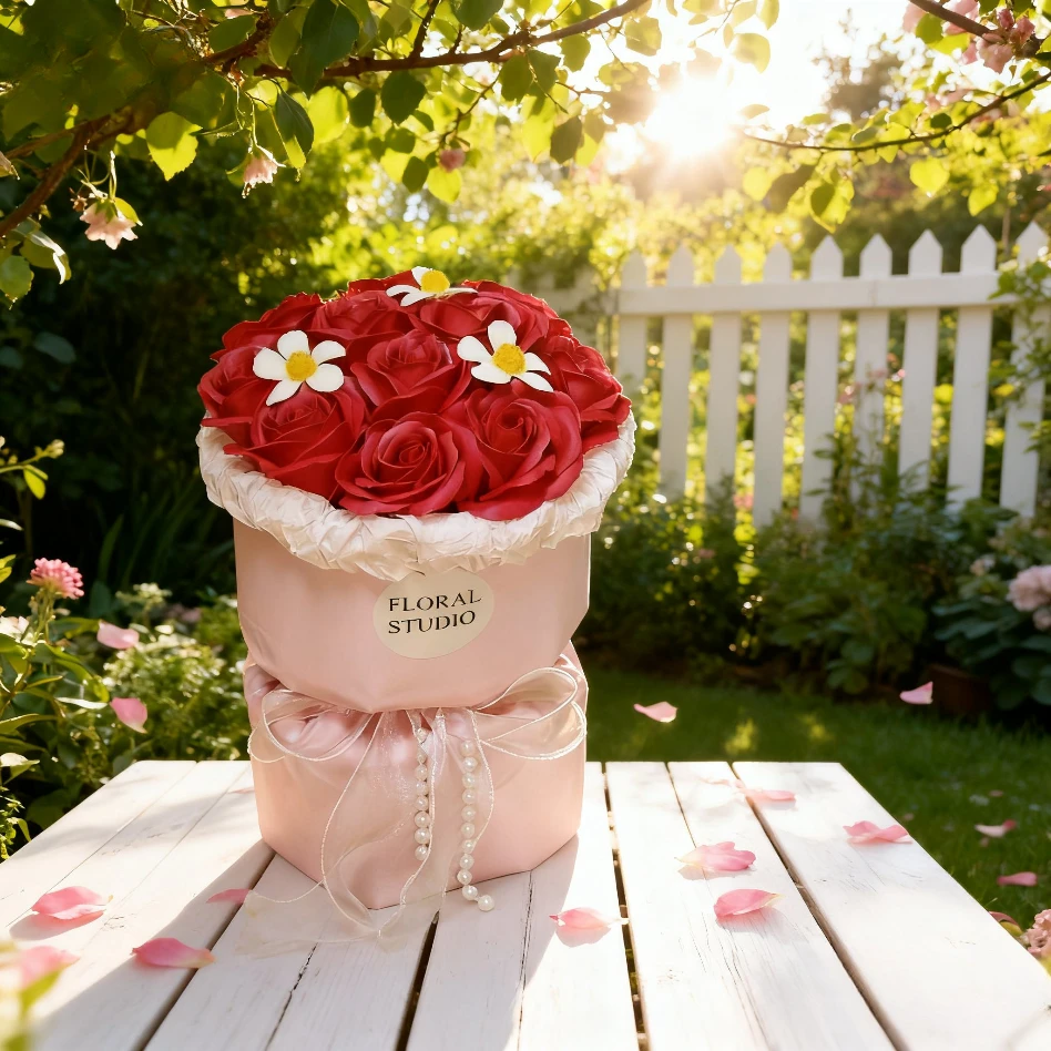 「绯色邂逅」高原红玫瑰+白雏菊小香风花束｜珍珠链条轻奢设计｜生日鲜花礼物送花上门