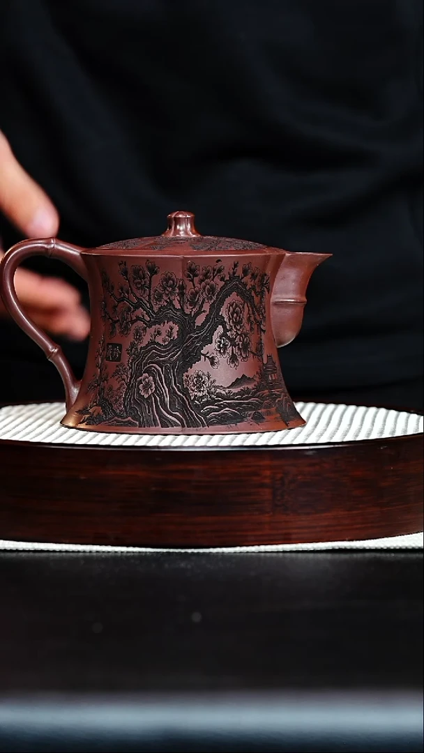 茶壶紫砂宜兴原矿紫砂 梅花筋纹高竹段 石红