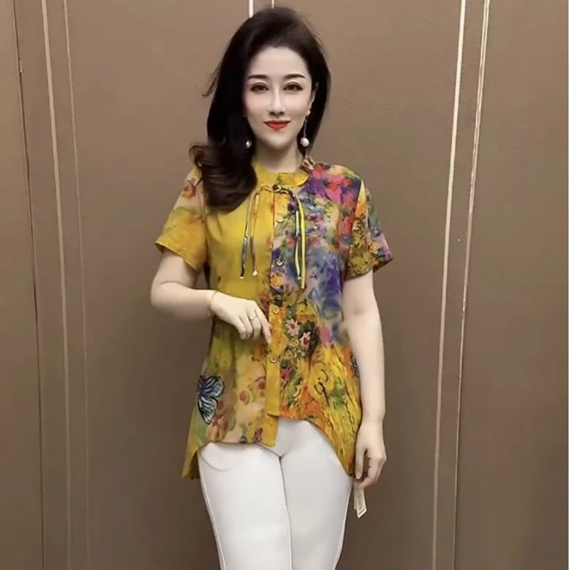 夏季通勤短袖常规款宽松型衬衫打底衫宽松气质碎花上衣妈妈装