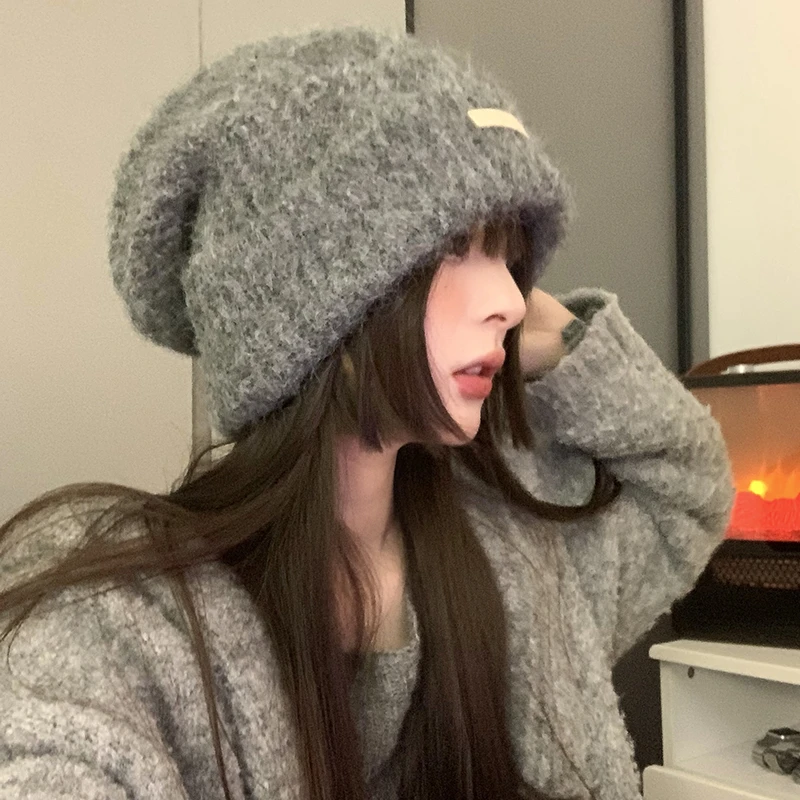 2025秋冬季新款针织毛线帽子女款毛绒保暖包头帽大头围显脸小冷帽
