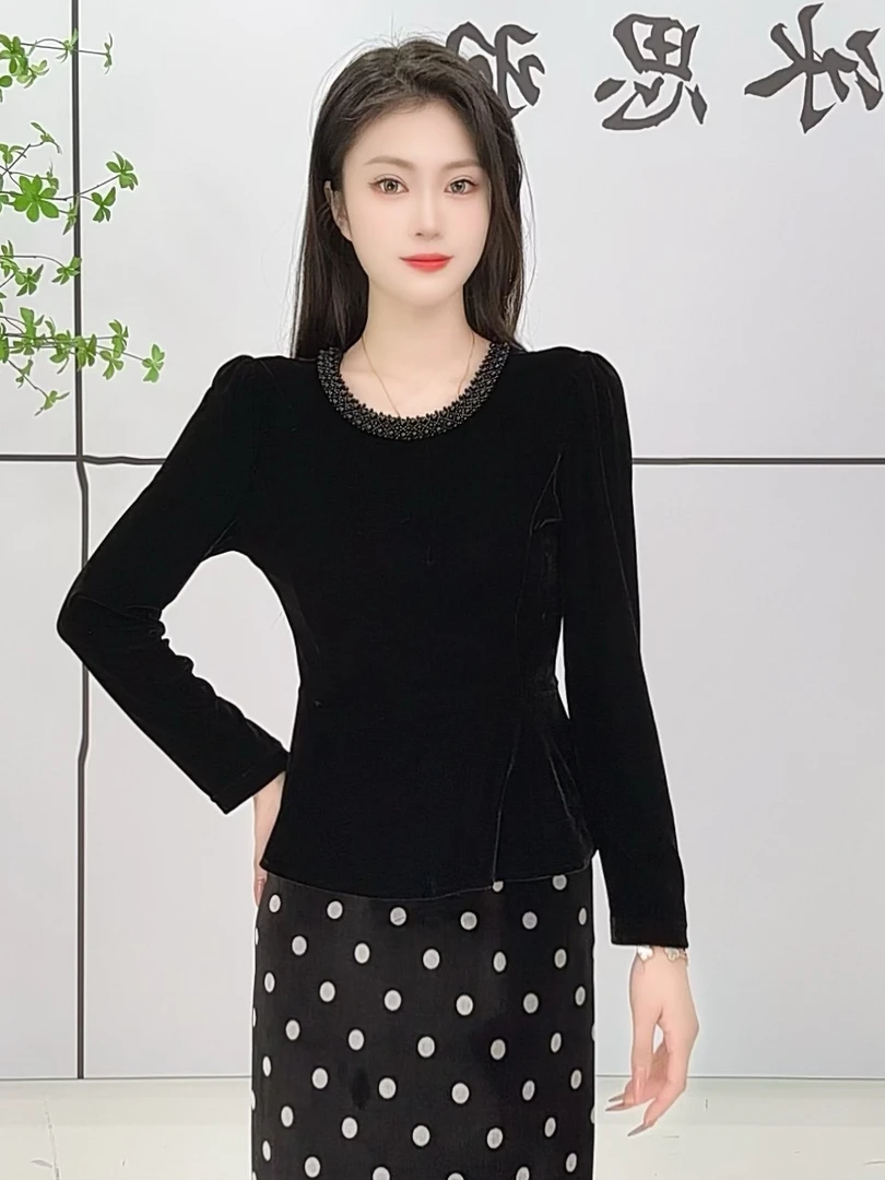 [思思专属】新款面膜丝绒重工领子荷叶摆长袖时尚气质显瘦上衣A02