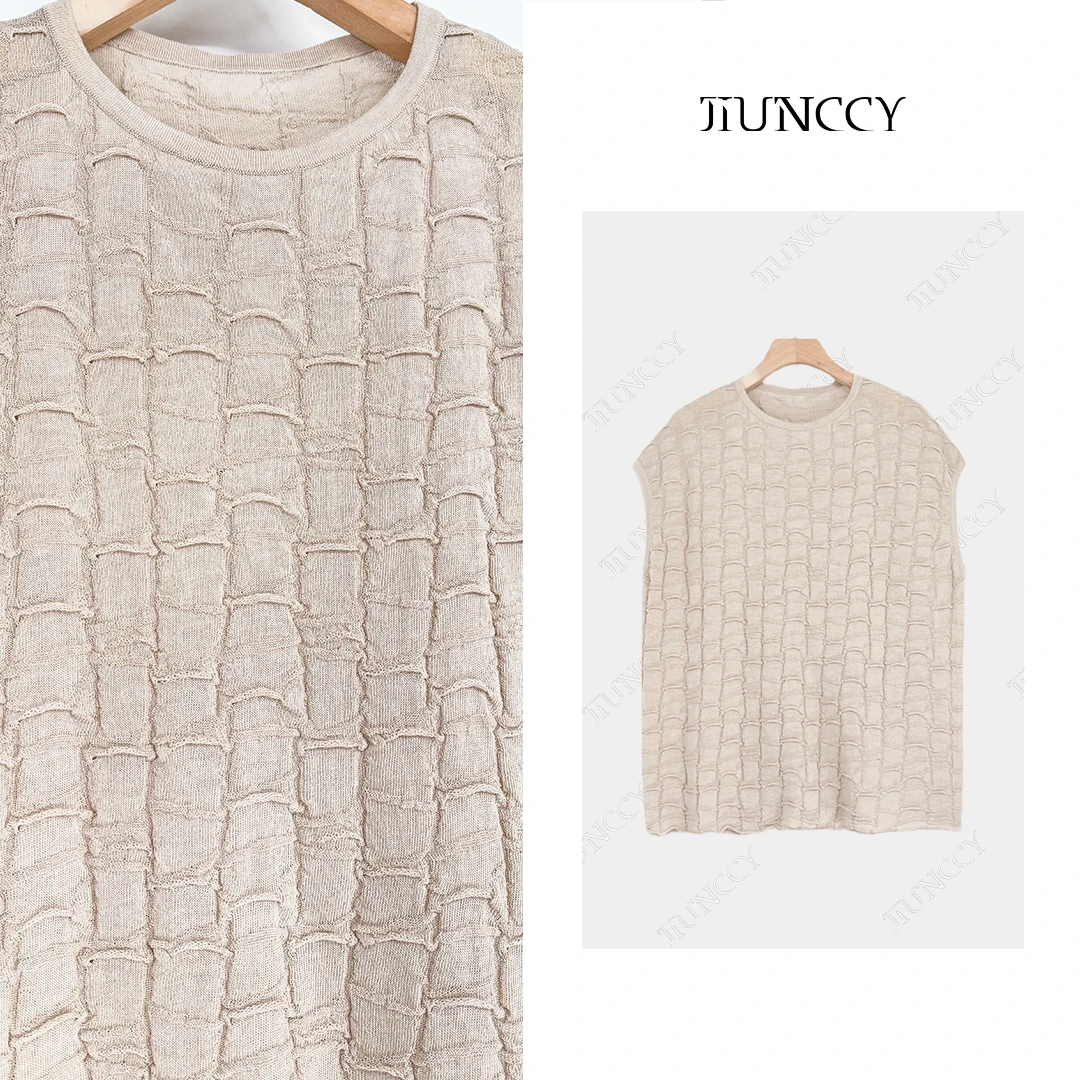 JIUNCCY【方糖】亚麻天丝立体凹凸肌理圆领连肩针织上衣 52YZZ073