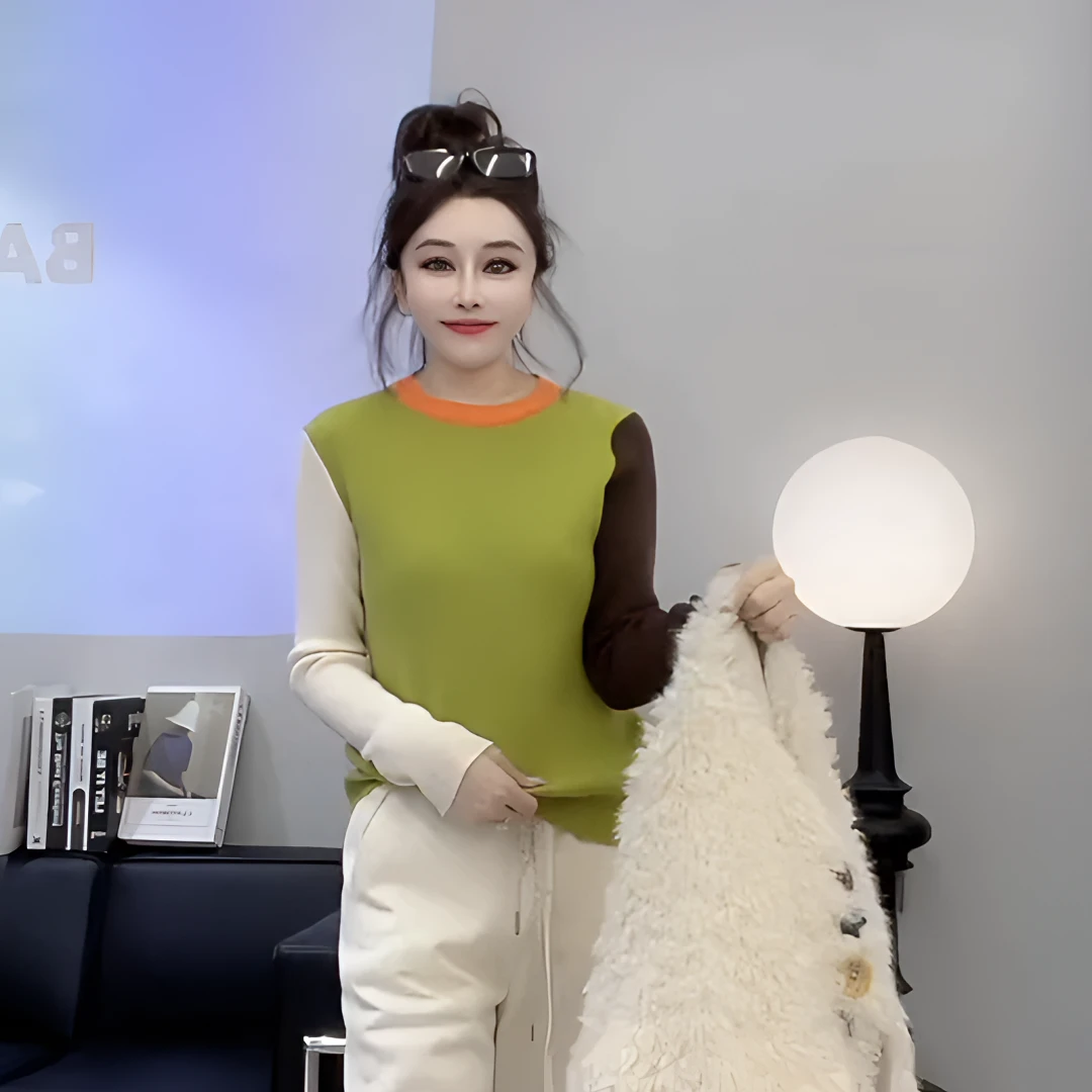 设计感拼接拼色圆领打底衫2025秋冬新款时尚上衣女秋冬内搭外穿