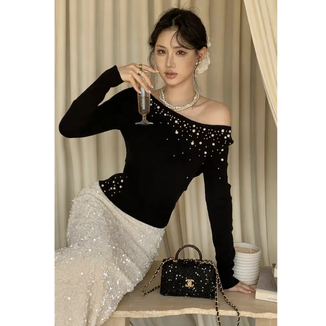 秋新款法式气质优雅纯欲性感重工珍珠针织衫修身显瘦打底衫9264#