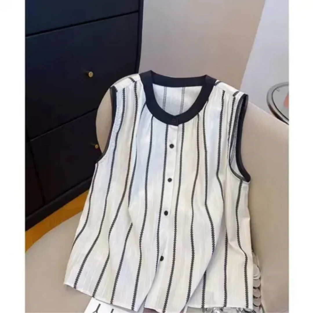 【现货+运险】薄款条纹通勤夏季不褪色无袖衬衫百搭女士复古风上衣