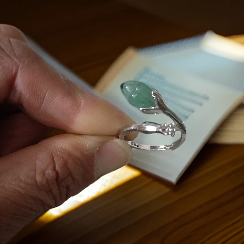 天然东陵玉精美复古玉兰花玉石开口戒指多样性发货气质时尚