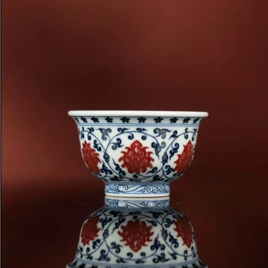 【阳春白雪】青花釉里红缠枝莲小压手杯