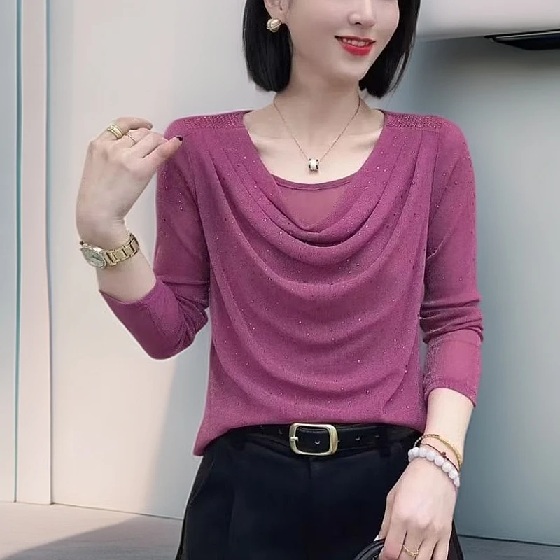 新款时尚洋气烫钻长袖纯色T恤推推领上衣打底衫百搭显瘦气质小衫