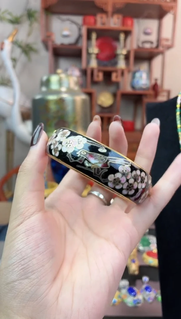 非遗手工景泰蓝开口银蓝镯子黑色