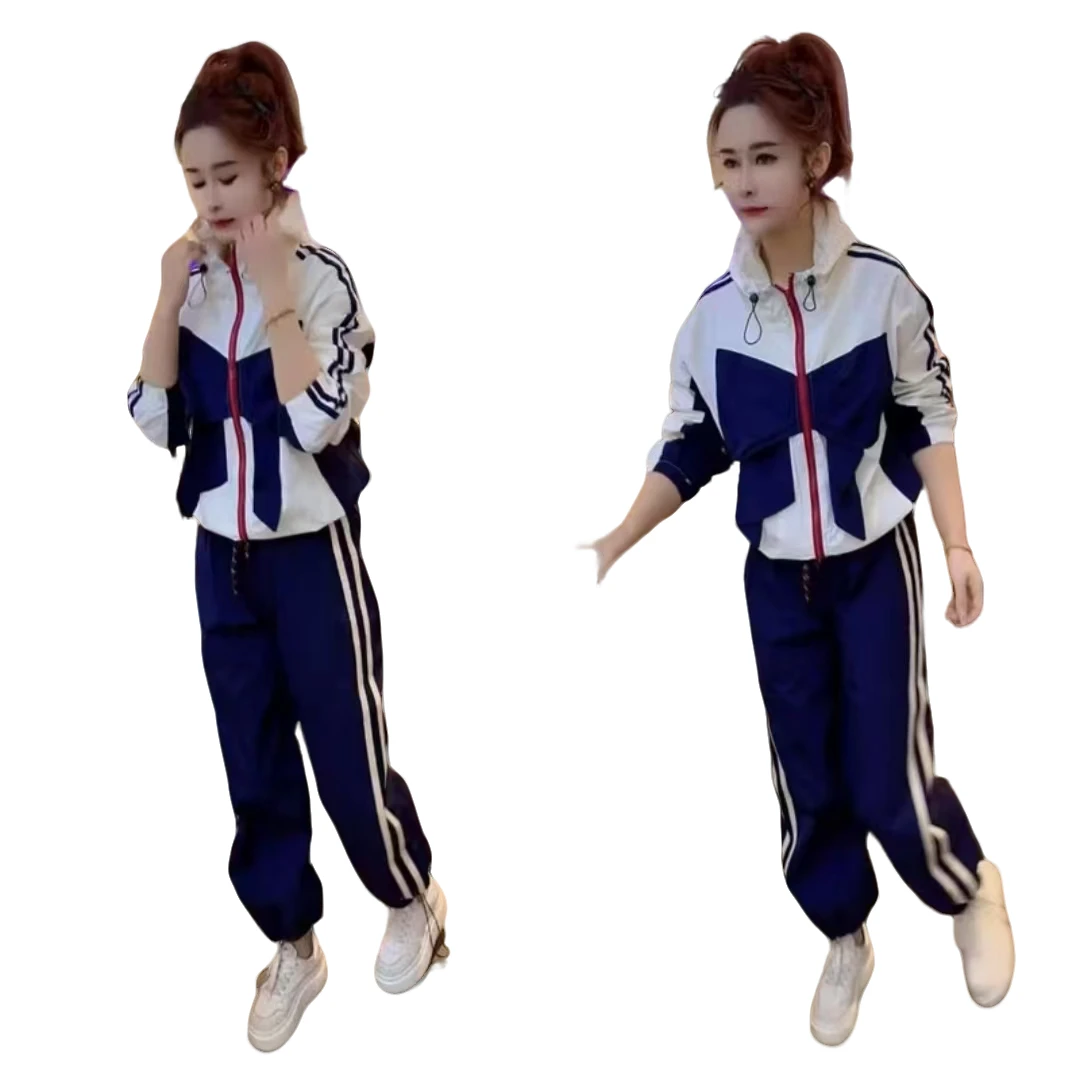 韩版时尚连帽撞色时髦套装春秋新款洋气宽松拼色休闲减龄两件套