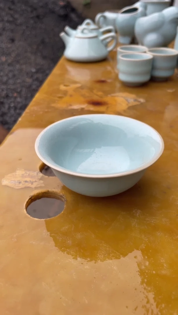 碗杯 天青 微瑕 朱家汝窑款