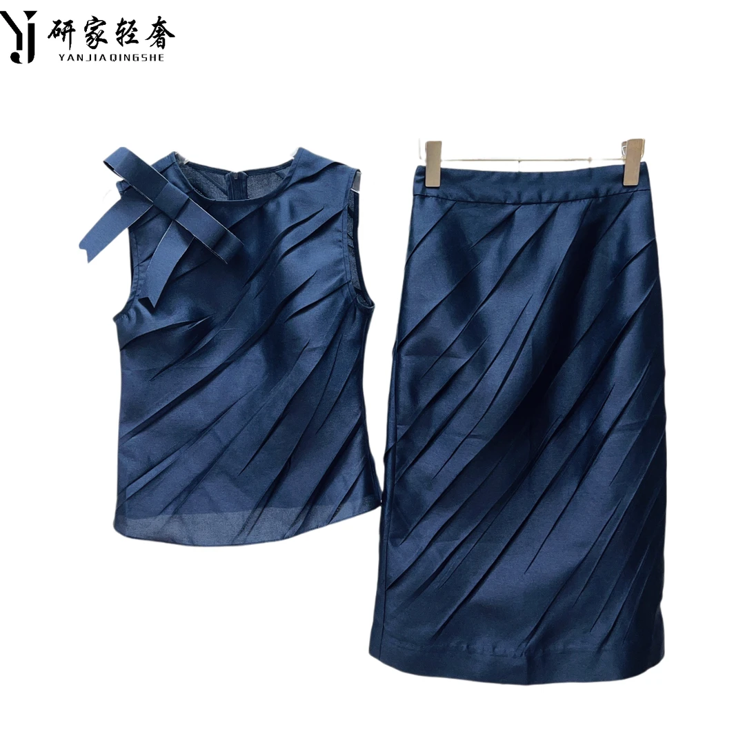 5953研家轻奢时尚气质单肩立体蝴蝶结压褶无袖上衣半裙套装（单拍）