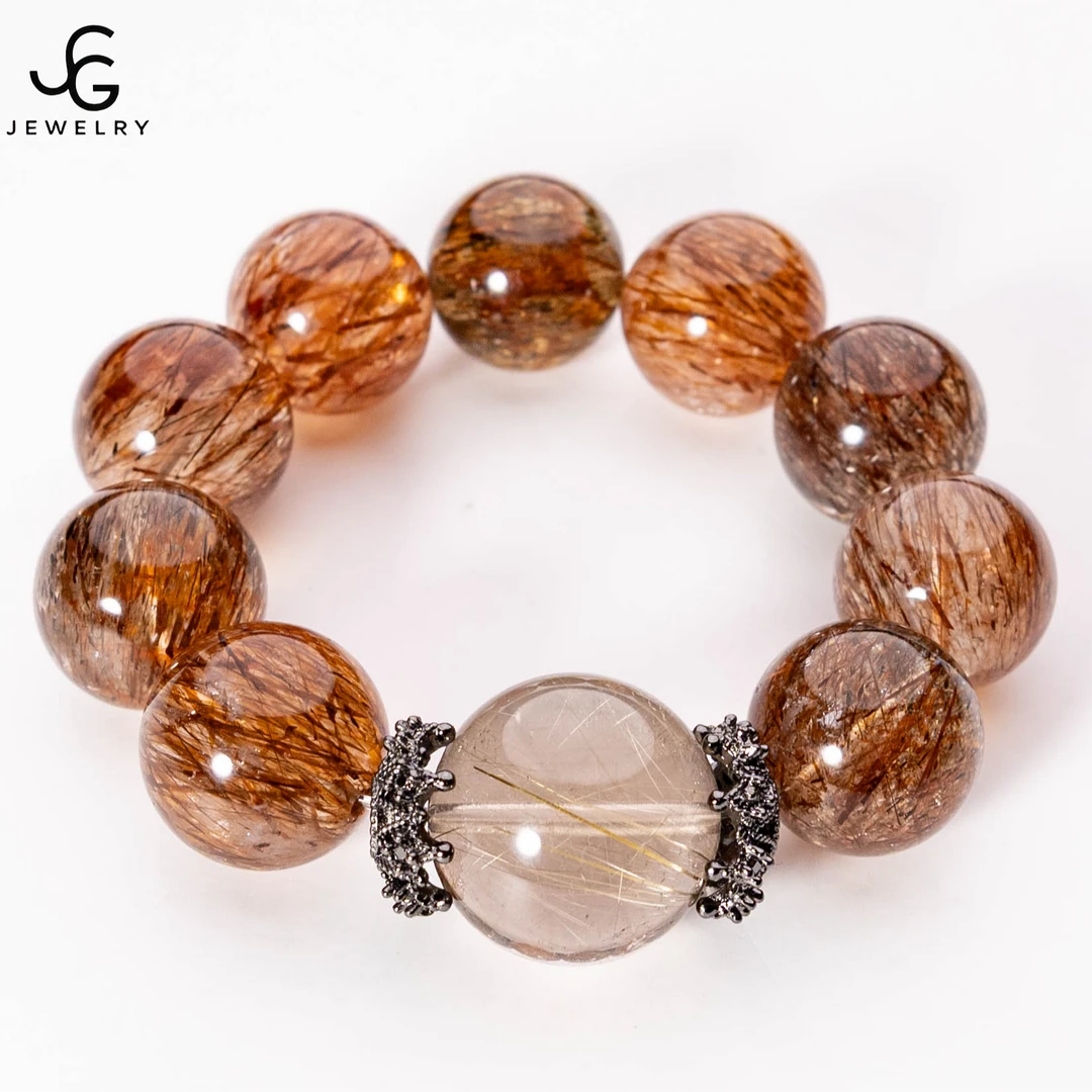 高品设计款-巨无霸净体维纳斯金发晶浓郁满矿黑金超七水晶手串