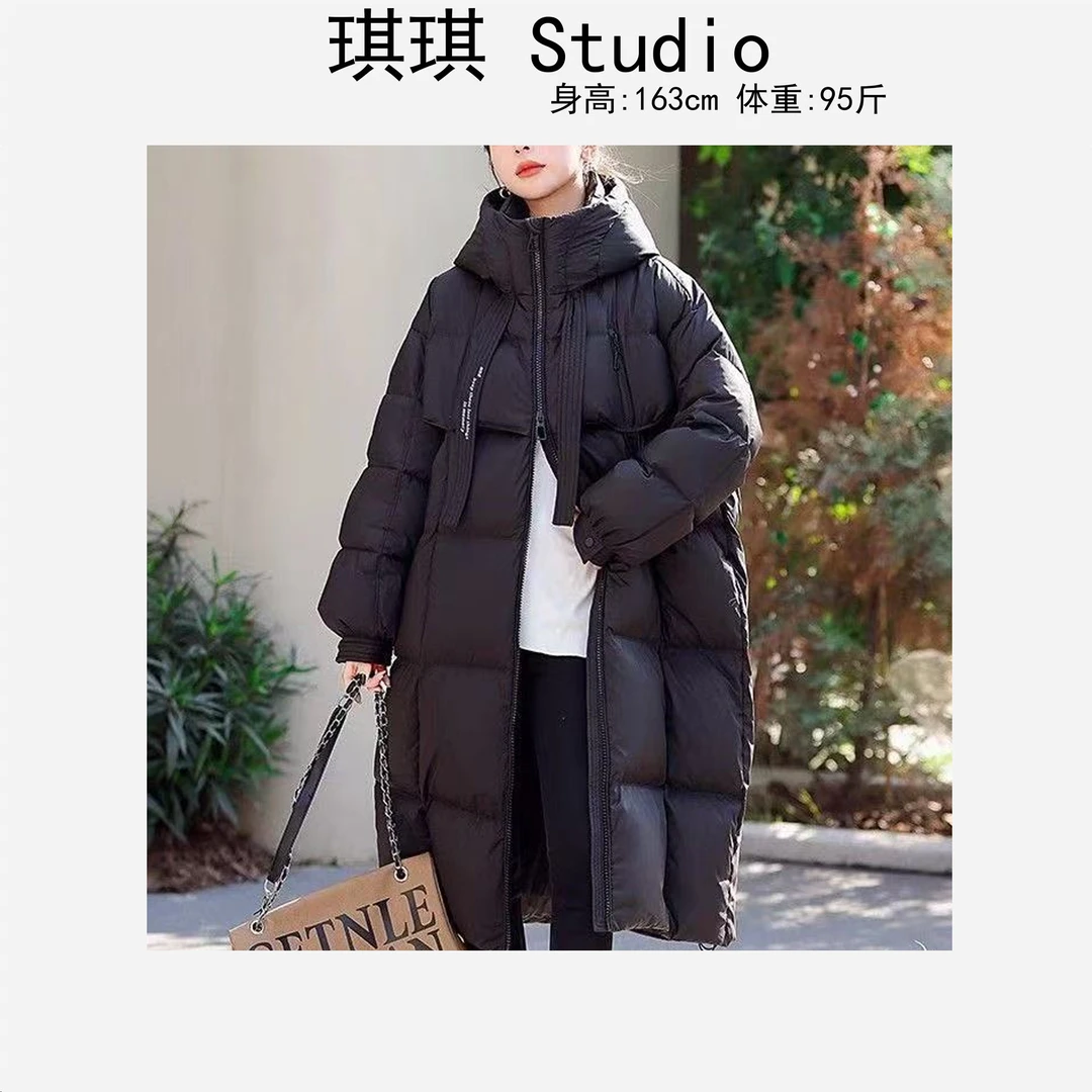 冬季新款潮流气质时尚拉链连帽飘带字母中长款显瘦减龄羽绒外套-M