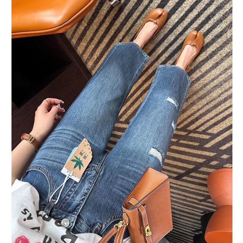 时髦破洞设计直筒牛仔裤女2025夏季薄款小个子宽松显瘦阔腿九分裤